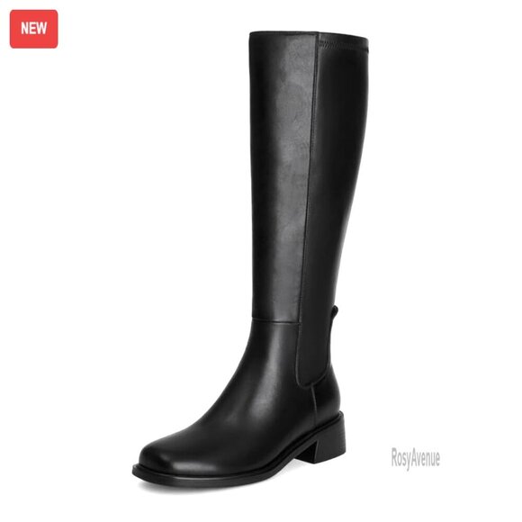 Shoes - Knee High Faux Leather Boots Low Heel Square Toe Side Zipper Stretch Tall Boots